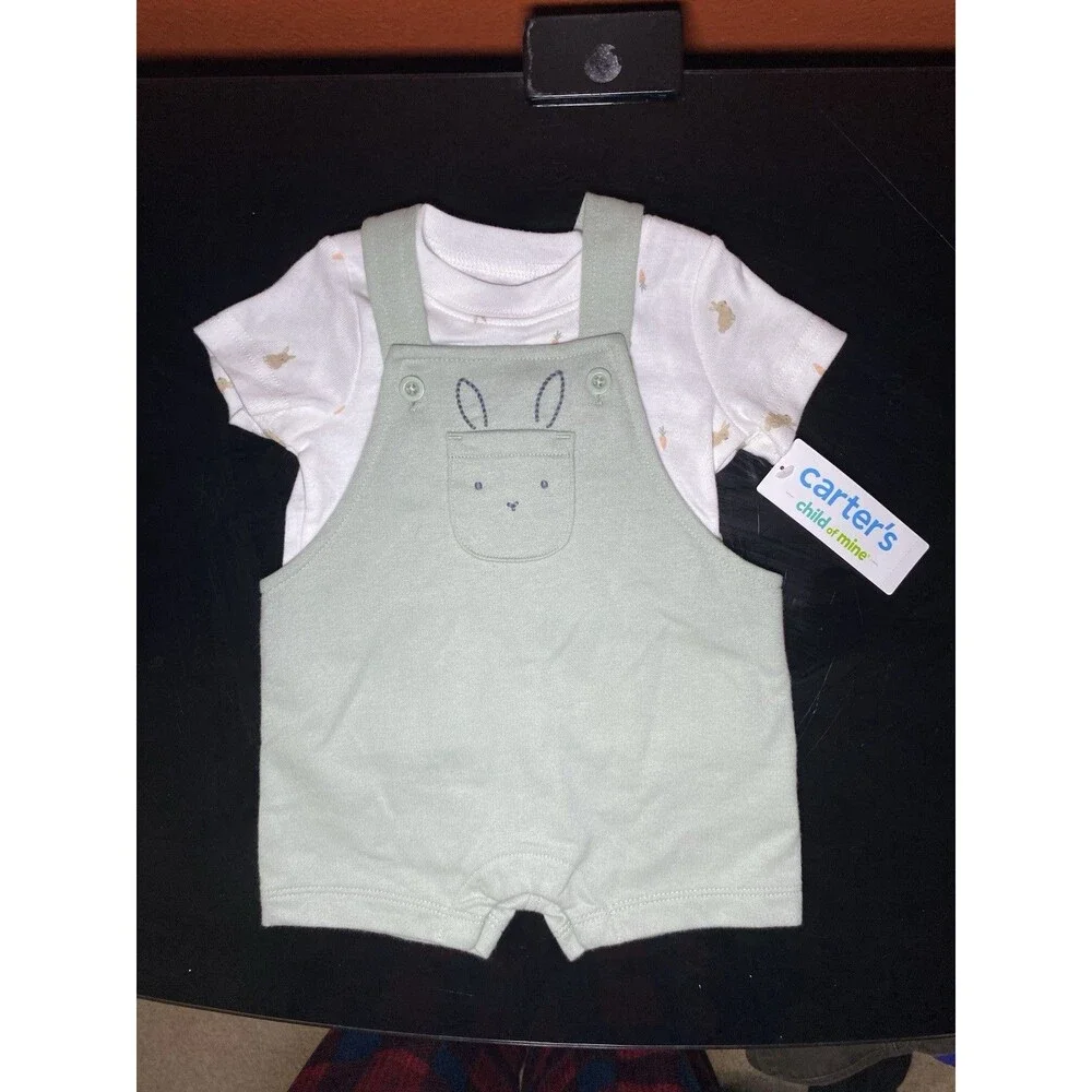 Carter's Child of Mine Baby Boy 2pc Easter Bunny Shortall Set Green Carrot 0-3M